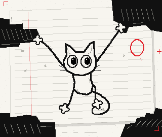 A mouthless pixel cat hangs from two ink anchors, with four bone-knob limbs and a red ring above the paper.